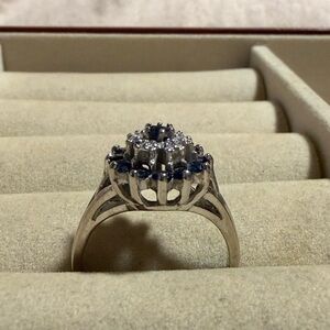 Genuine Sapphire and Diamond Cluster 10KP-GTR White Gold Ring-Size:7.5